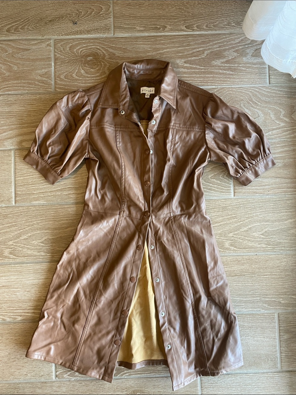Brown Faux Leather Shirt Dress with Puff Sleeves